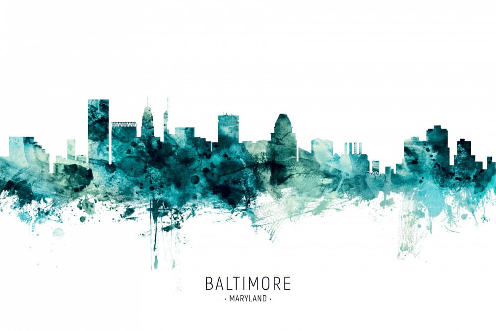 Baltimore Watercolor Skyline by Michael Tompsett — canvas wall art