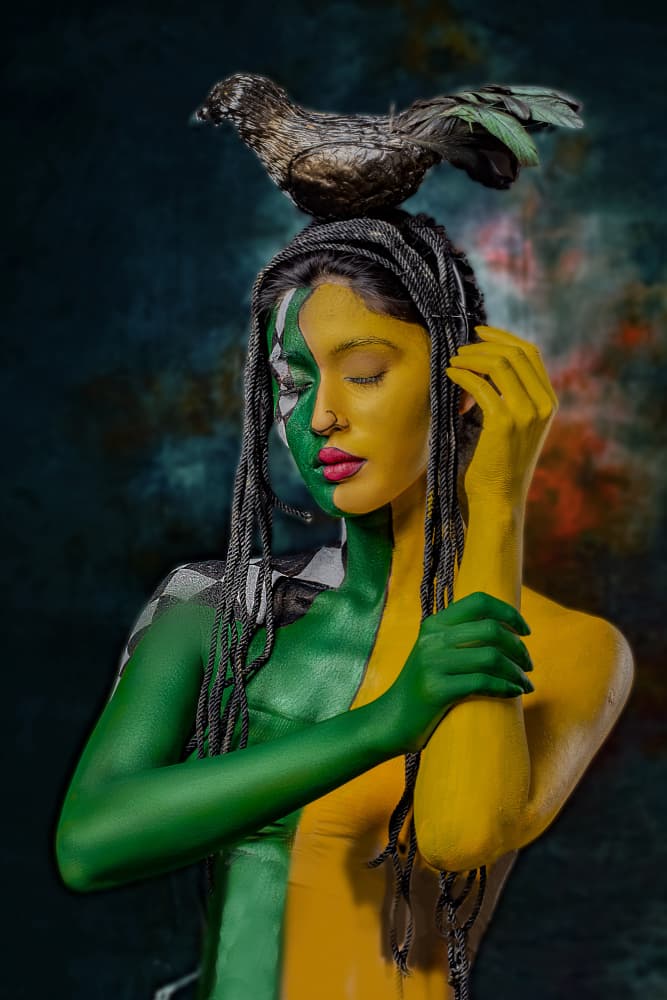 Green Yellow Painted Portrait by DEBASISH CHATTOPADHYAY — canvas wall art