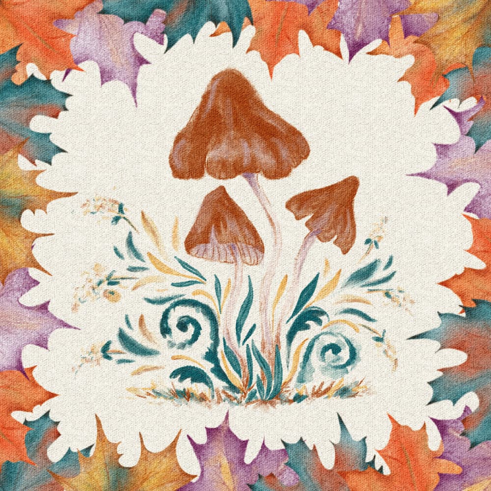 Autumn Mushrooms and Leaves by Olena Kovalova — canvas wall art