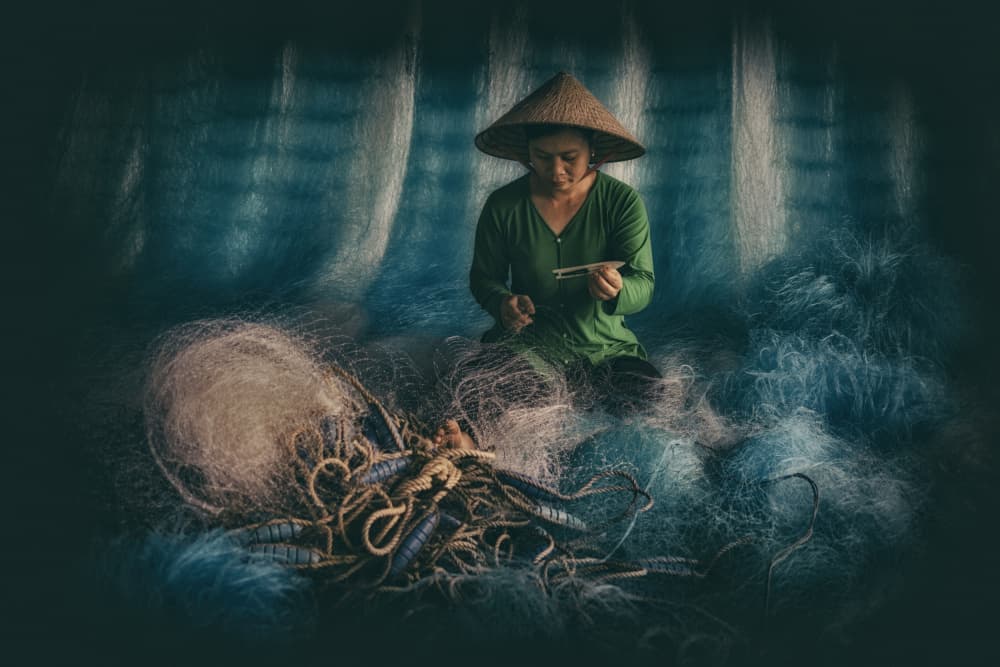 Woman Mending Fishing Nets by Pavol Stranak — canvas wall art