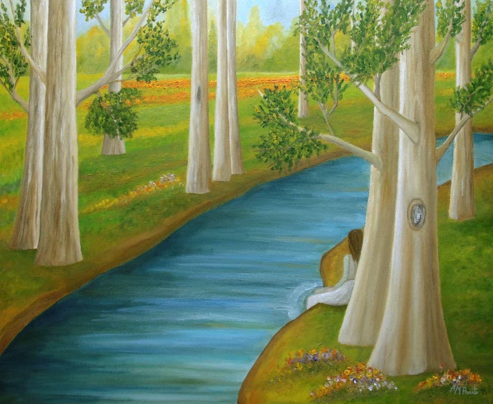 Woman By Tranquil River by Angeles M. Pomata — canvas wall art