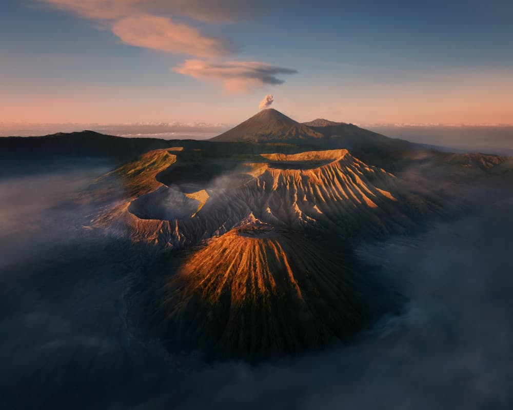 Golden Volcanic Peaks Sunrise by Leah Xu — canvas wall art