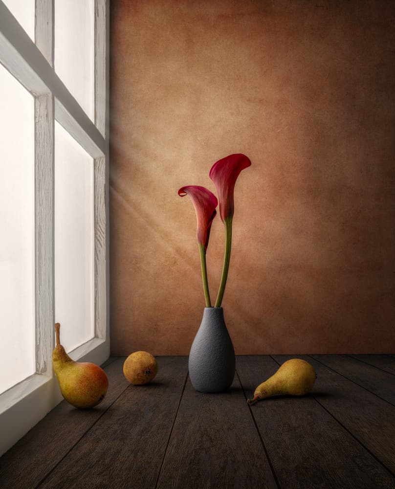 Red Lilies Window Light by Marko Klavs — canvas wall art