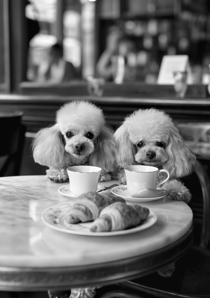 Elegant Poodles Cafe Breakfast by Niky Rahner — canvas wall art