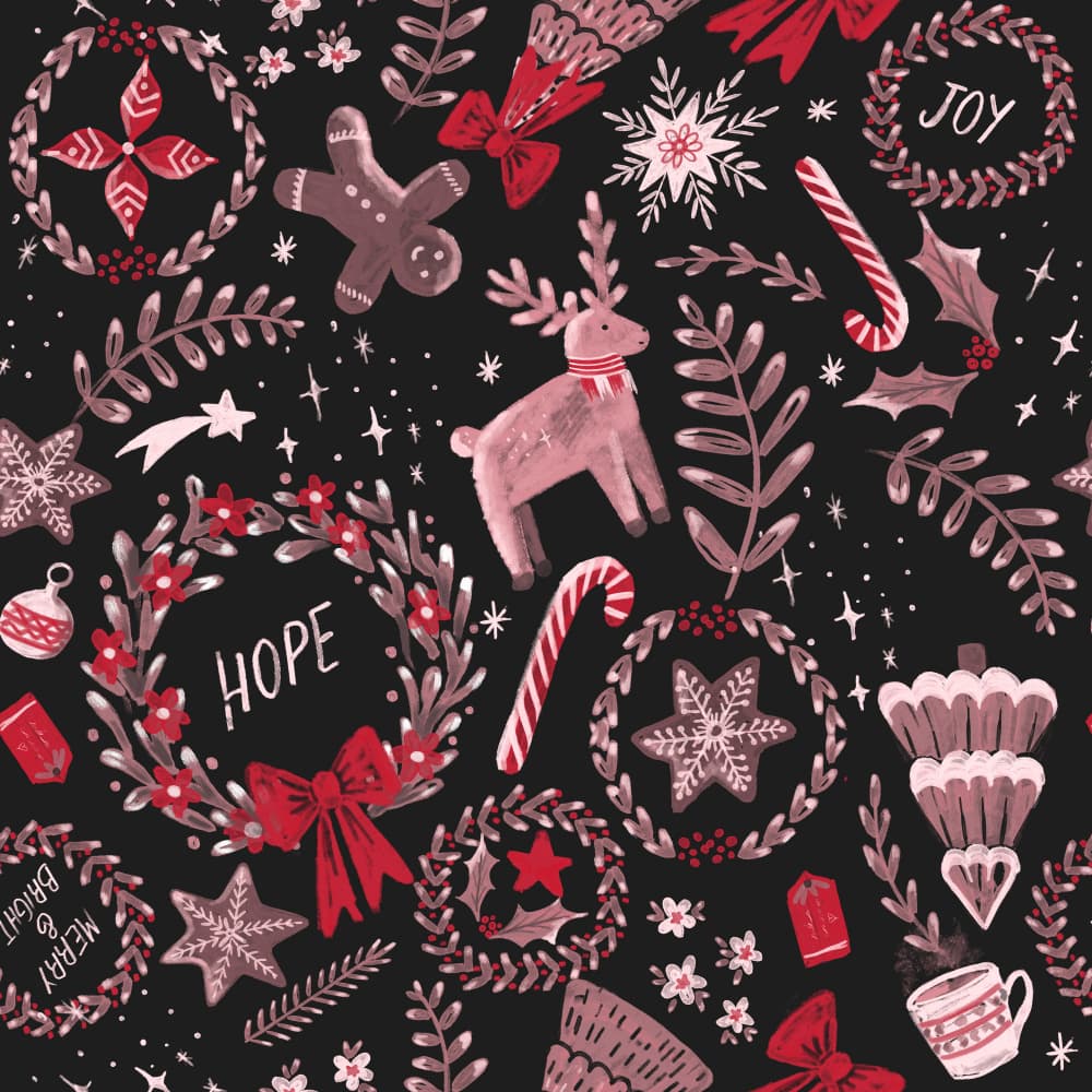 Magical Christmas Black Red Pattern by Anis Illustration — canvas wall art