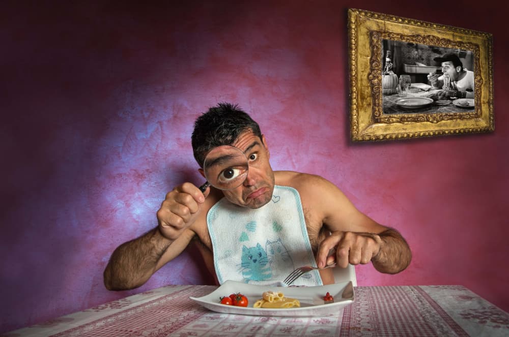 Curious Man Magnifying Meal by Giorgio Toniolo — canvas wall art