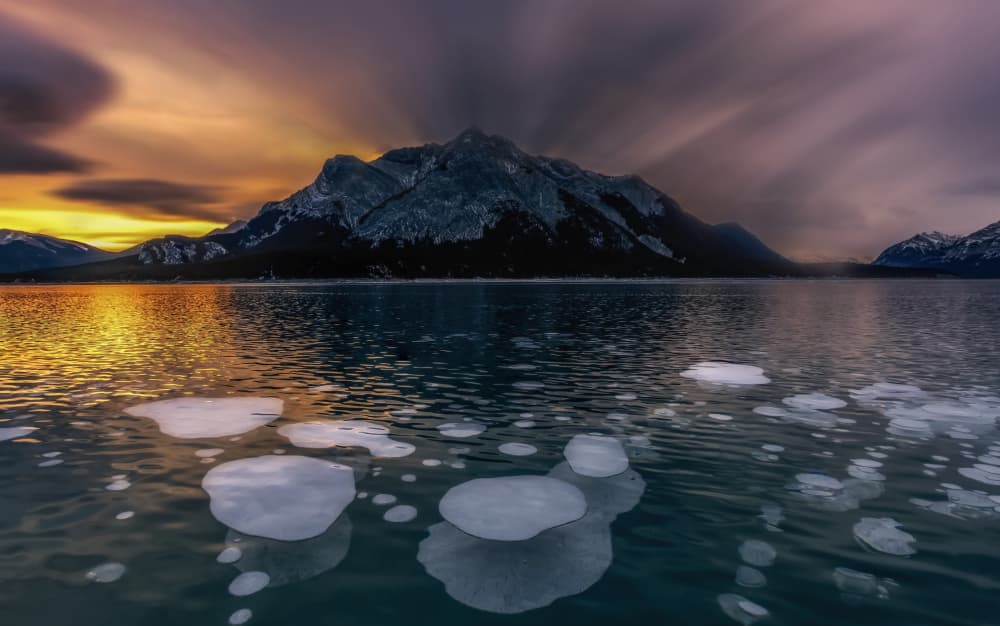 Icy Mountain Sunset Lake by Jenny Qiu — canvas wall art