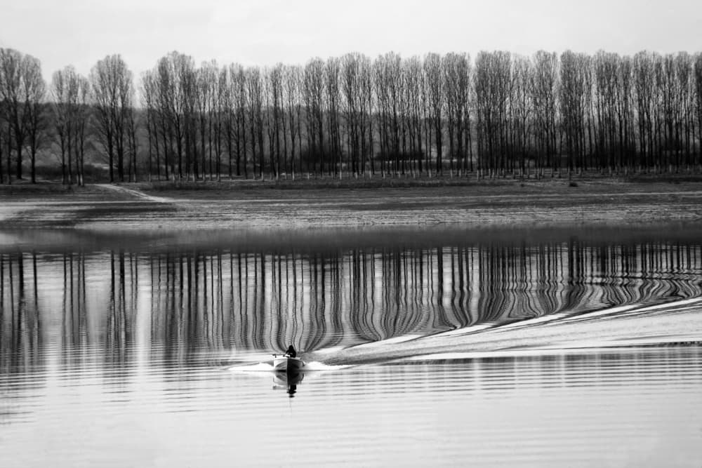 Boat Wake on Quiet Lake by Ralitsa Byalkova — canvas wall art