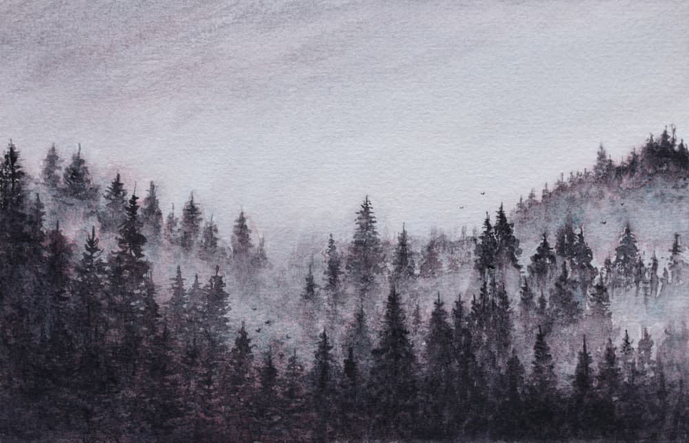 Misty Forest Landscape – Original Watercolor Painting on Textured Paper by Marina Kozyr by Marina Kozyr — canvas wall art