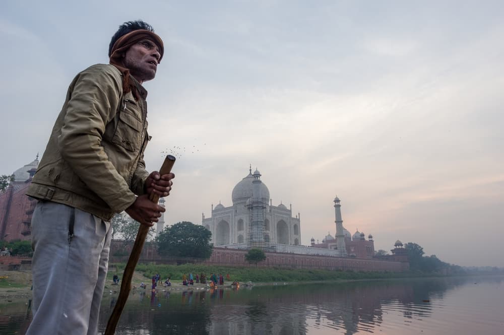 Boatman Taj Mahal Morning by Pavol Stranak — canvas wall art