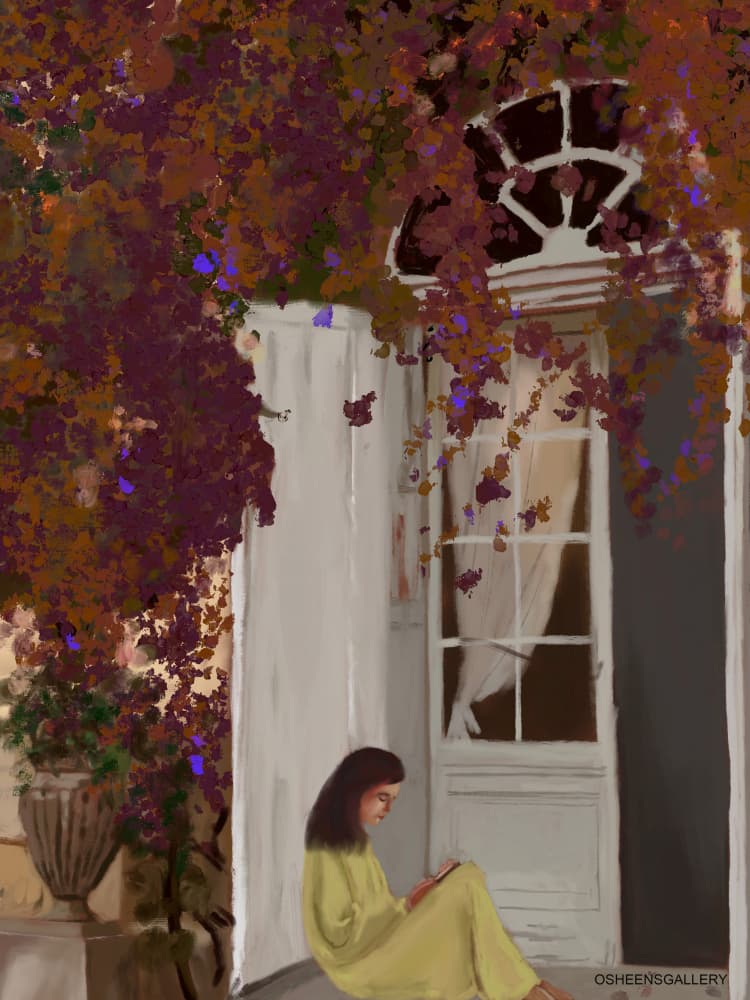 Quiet Reader Under Bougainvillea by Osheensgallery — canvas wall art
