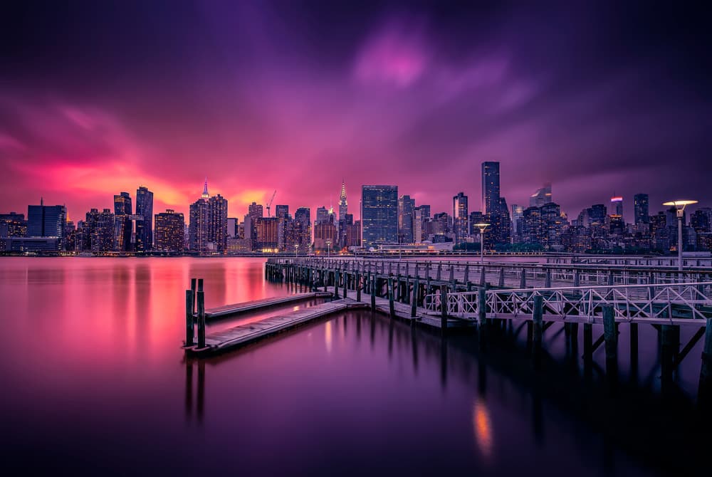 Purple Twilight City Reflections by Hernan Calderon Velasco — canvas wall art
