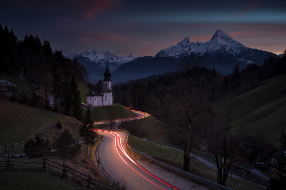 Mountain Church Light Trails by Łukasz Winiarski — canvas wall art