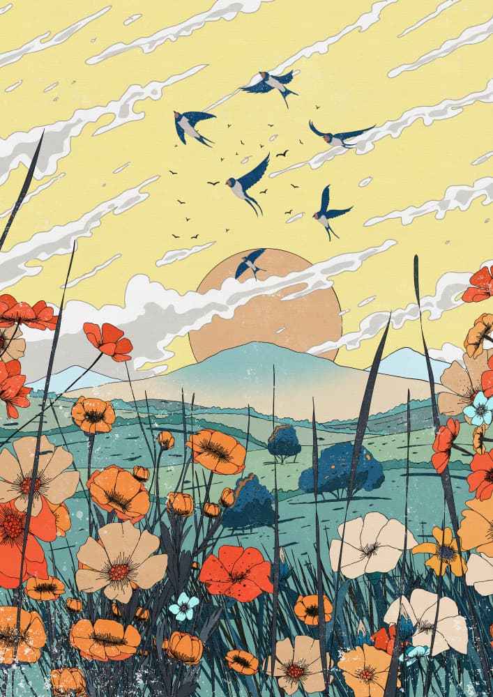 Swallows Over Wildflowers by Nicholas — canvas wall art