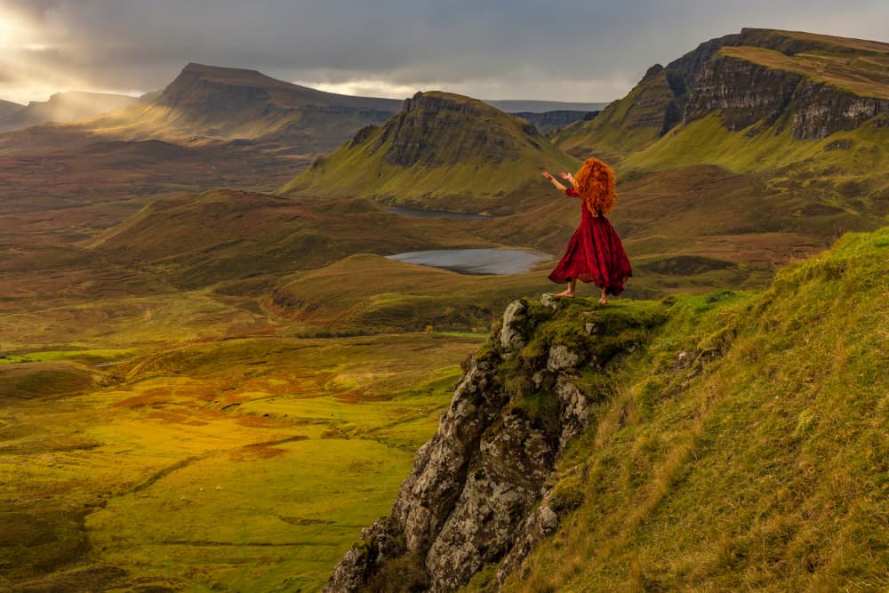 Red Dress Mountain Adventure by Adrian Popan — canvas wall art