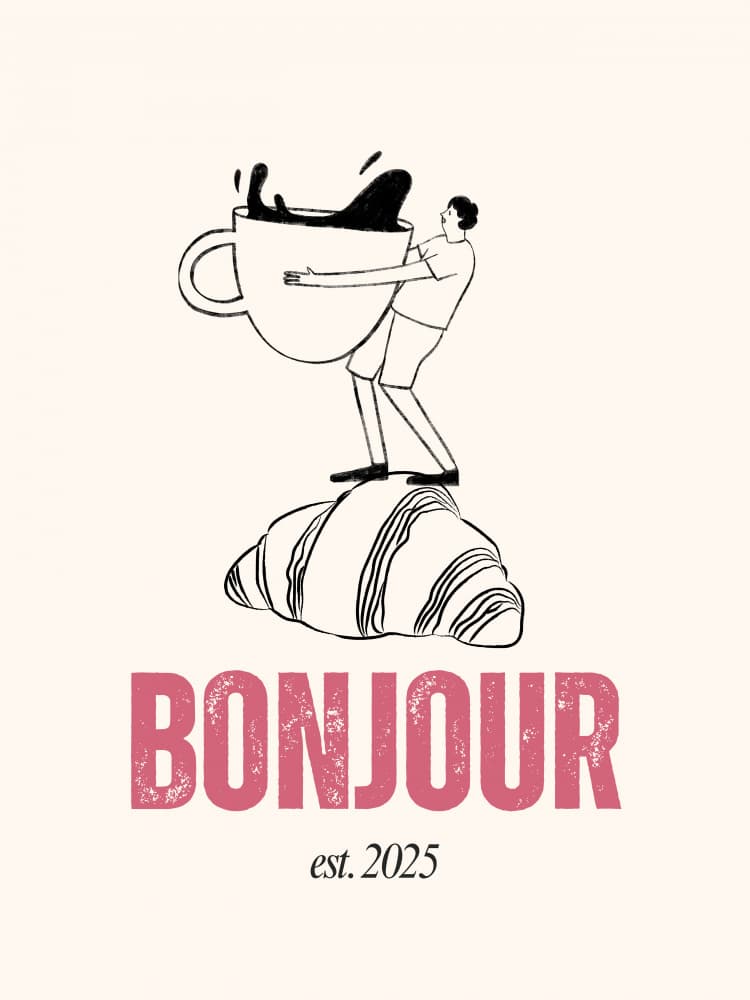 Bonjour Coffee Croissant by Elizabeth C — canvas wall art