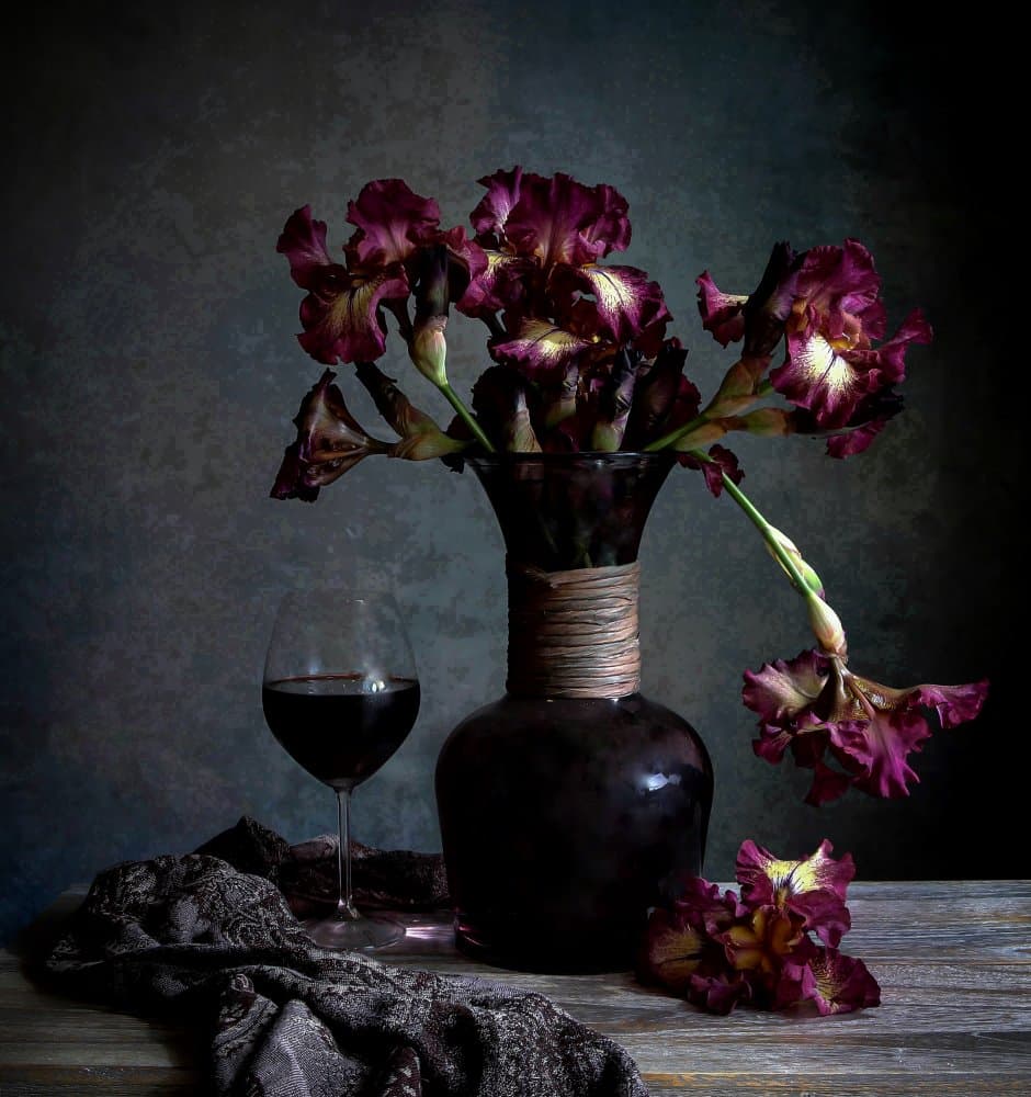 Dark Irises and Wine by Fangping Zhou — canvas wall art