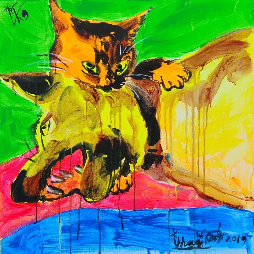 Vibrant Cat Play by Kanat Ibragimov — canvas wall art