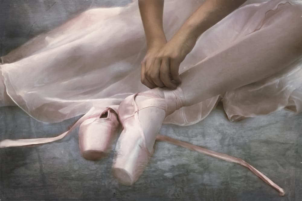 Ballerina Tying Pointe Shoes by Rachel Pansky — canvas wall art