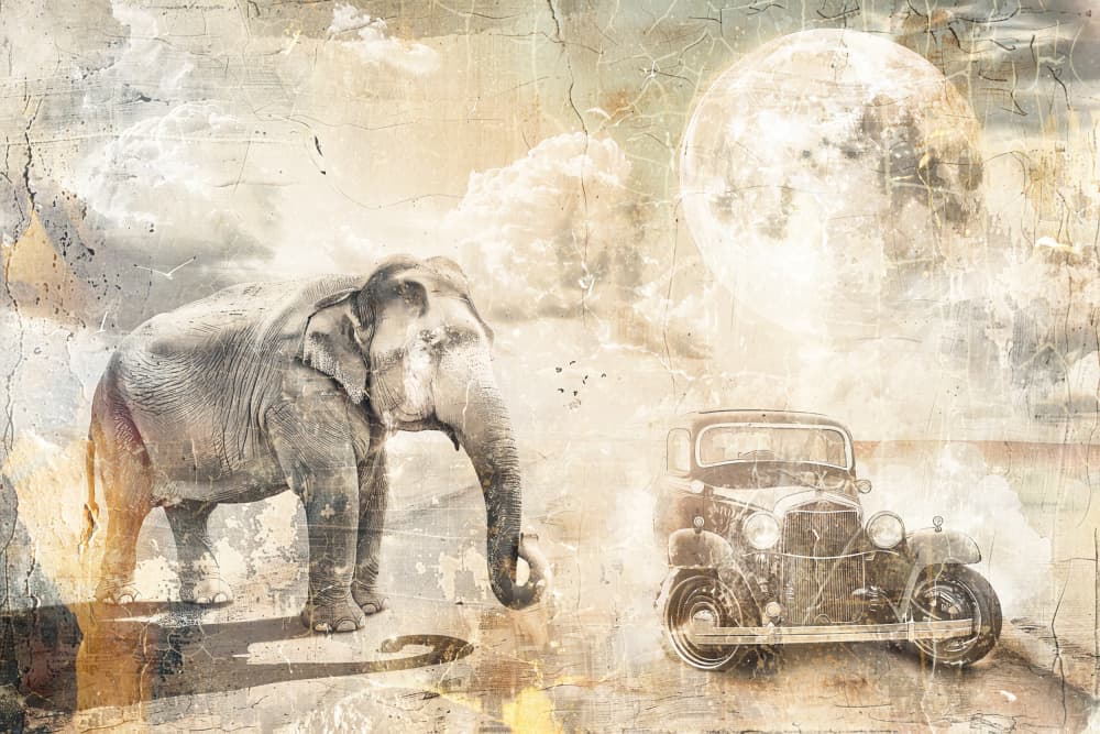 Surreal Elephant Car Moon by Rafal Kulik — canvas wall art