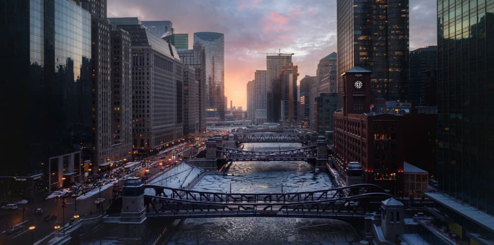 Urban River Winter Sunset by Remo Daut — canvas wall art