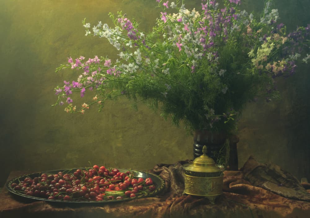 Vintage Cherries Wildflowers by UstinaGreen — canvas wall art
