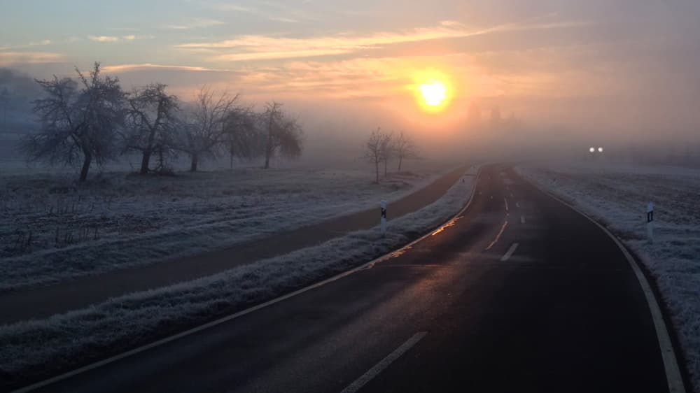 Misty Winter Sunrise Road by FranzStaab — canvas wall art