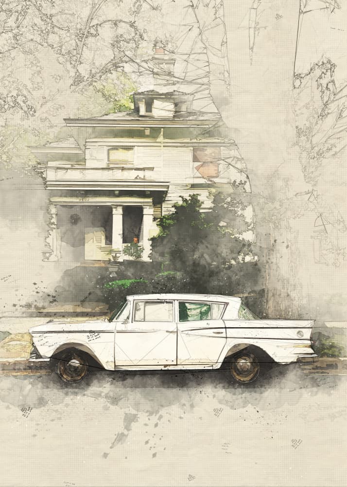 Vintage Car Old House Sketch by Lembayung senja studio [Vintage Poster] — canvas wall art