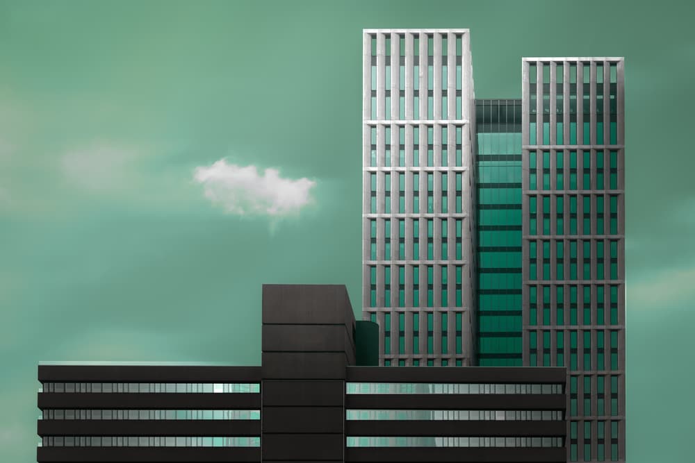 Skyscrapers Green Sky by Marc Huybrighs — canvas wall art