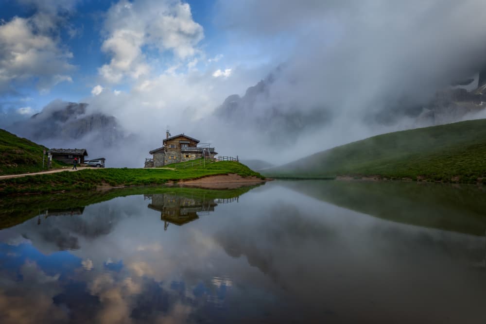 Misty Alpine Lake Retreat by Ti Wang — canvas wall art