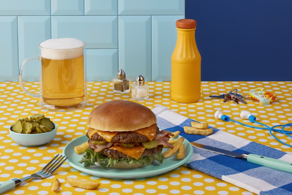 Cheeseburger And Cold Beer by Julia Ramiro — canvas wall art