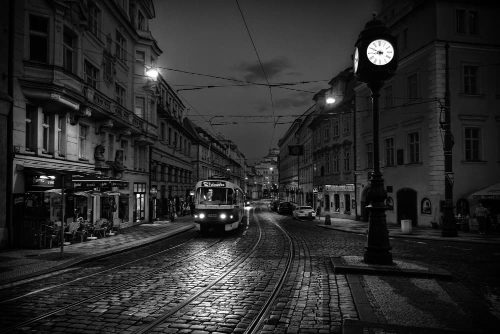 Prague Night Tram by Hervé Loire — canvas wall art