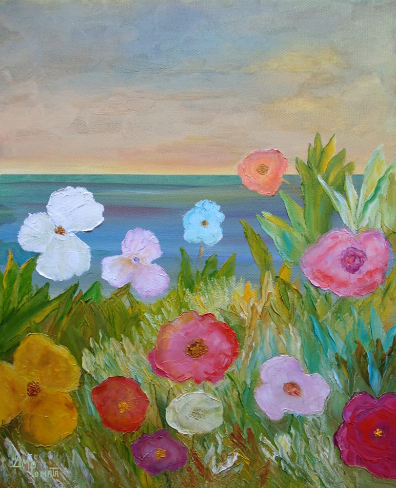 Colorful Flowers Ocean View by Angeles M. Pomata — canvas wall art