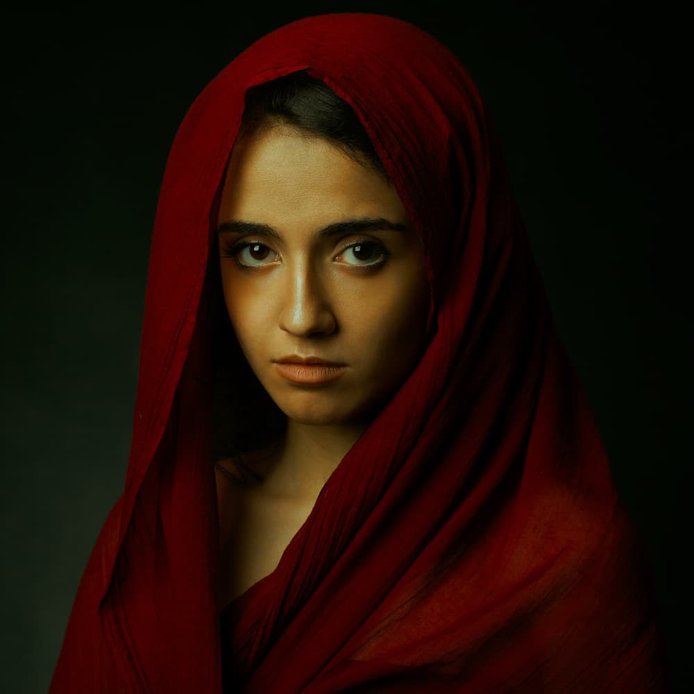Veiled Red Portrait by Mehdi Mokhtari — canvas wall art
