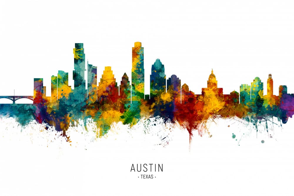 Colorful Austin Texas Skyline by Michael Tompsett — canvas wall art