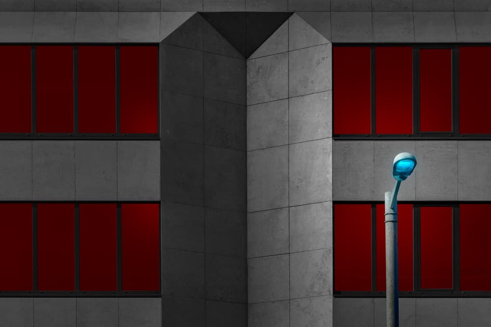 Red Windows Blue Light by Marc Huybrighs — canvas wall art