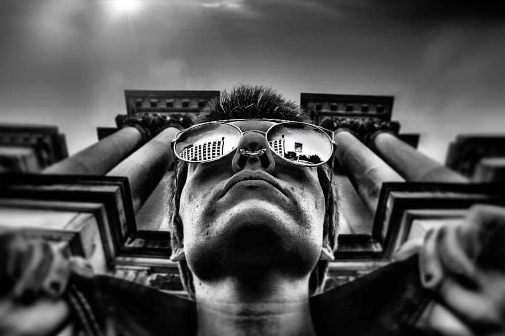 Man with City Reflection by Steve Hermann — canvas wall art