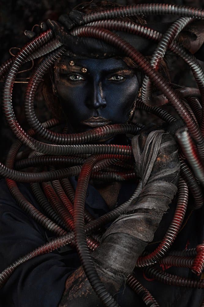 Enigmatic Dark Cyberpunk Portrait by Ivan Kovalev — canvas wall art