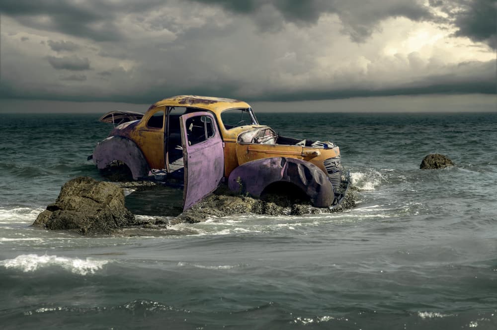 Rusty Car Ocean Storm by Marcel Egger — canvas wall art