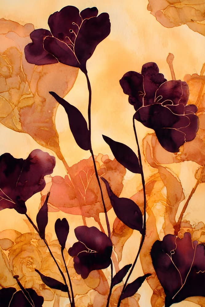 Plum and Gold Blooms by Miguel Bruzual — canvas wall art