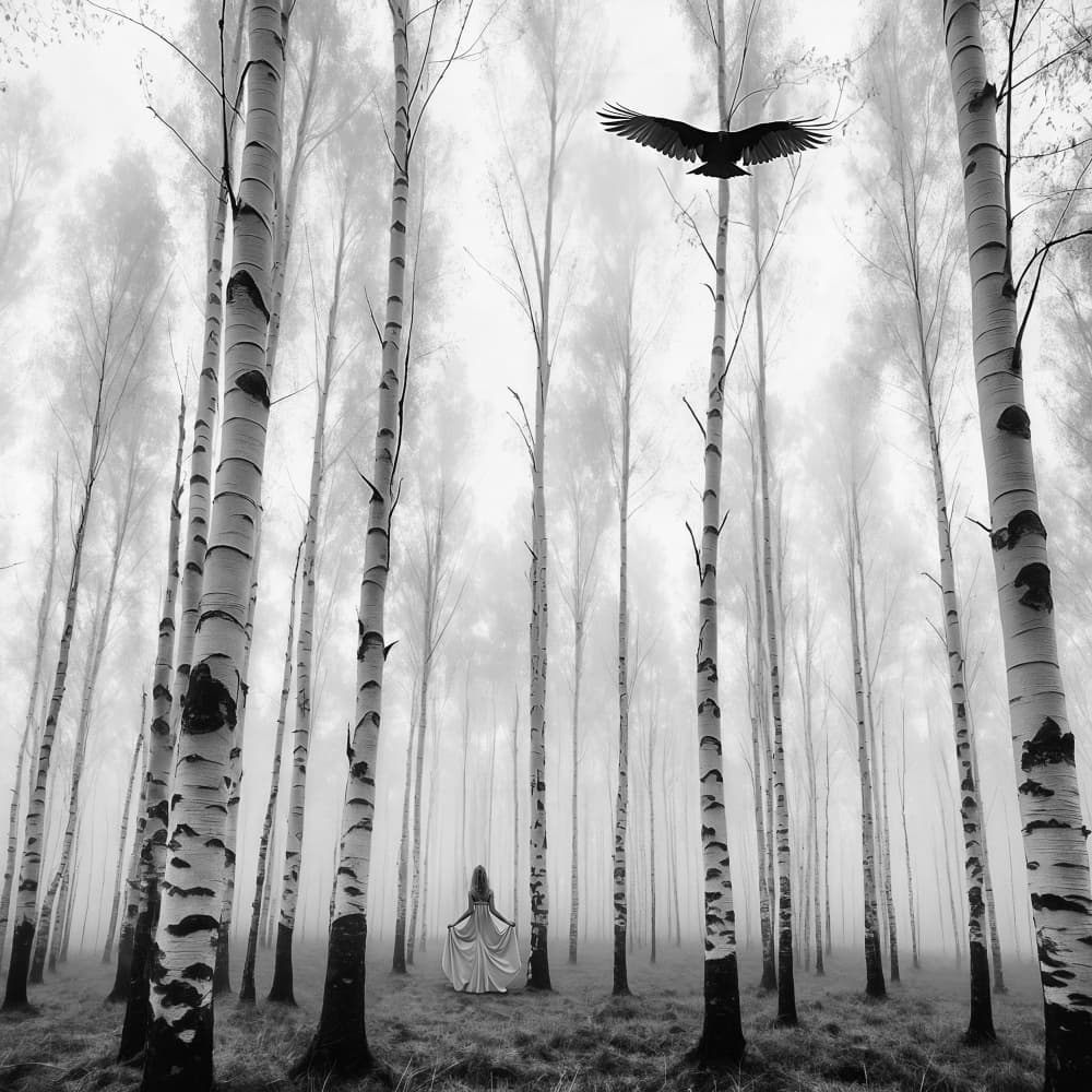 Woman Raven Misty Forest by Marcin Michalowski — canvas wall art