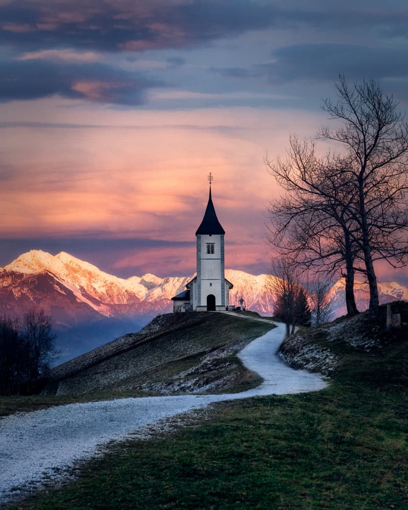 Alpine Church Golden Light by Javier del Puerto Photography — canvas wall art