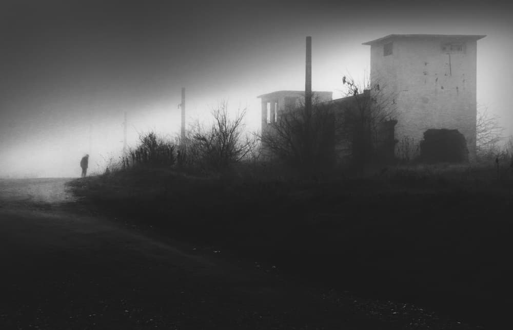 Lonely Figure Foggy Ruins by Catalin Alexandru — canvas wall art