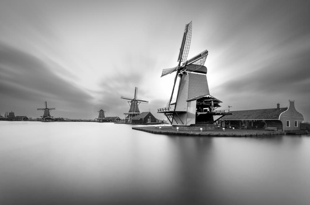 Monochromatic Dutch Windmills by Fernando Piçarra — canvas wall art
