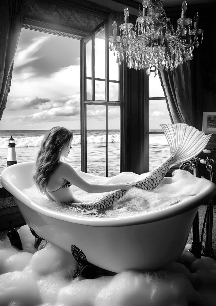 Mermaid Bathtub Ocean View by Niky Rahner — canvas wall art