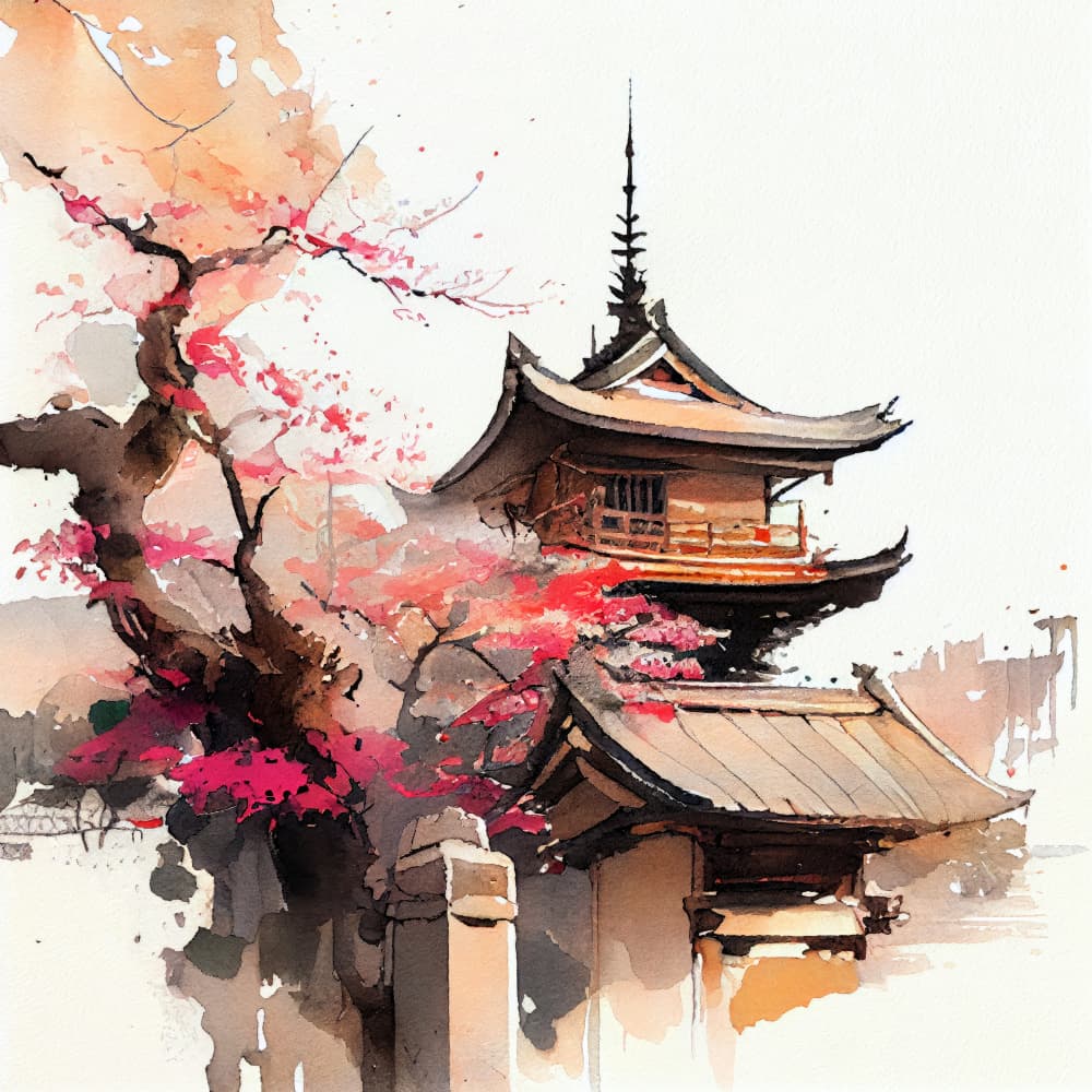 Cherry Blossom Pagoda by Justyna Jaszke — canvas wall art