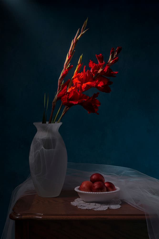 Red Gladiolus Still Life by Lydia Jacobs — canvas wall art