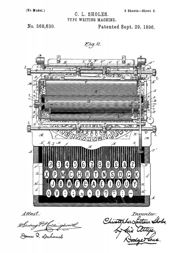 Historic Typewriter Patent Drawing by Andreas Magnusson — canvas wall art