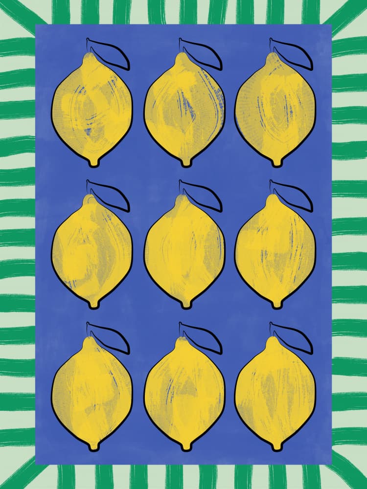 Vibrant Lemons Blue Grid by Elena Ristova — canvas wall art