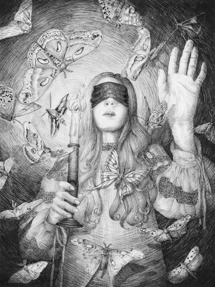 Blindfolded Woman and Moths by EC Mazur — canvas wall art